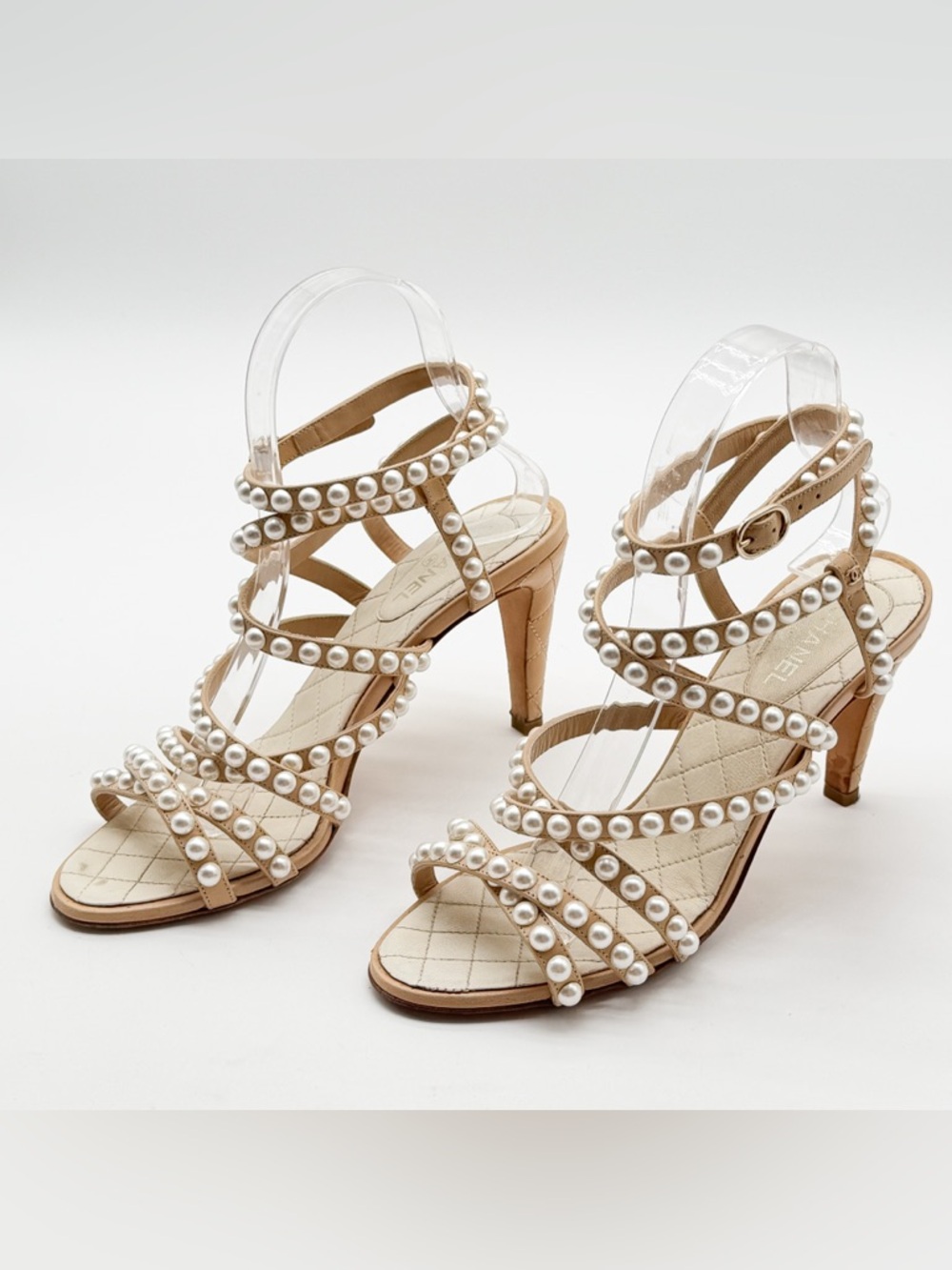 Chanel Beige Quilted Leather Pearl Embellished Ankle Strap Sandals Heels EU 37.5 - Picture 3 of 16